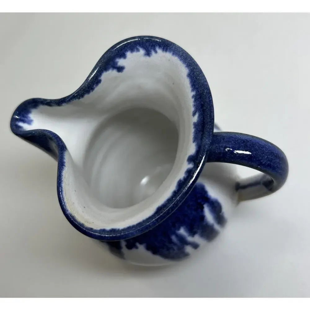Vtg Holly Hill Pottery Seagrove NC Cream Pitcher Blue Drip Glaze Over White ARB